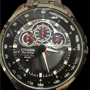 Citizen Eco-Drive Black and Silver Tachymeter Watch. Small band